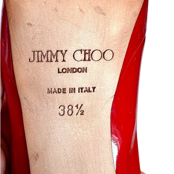 Jimmy Choo London Red Patent Leather Peep Toe Pumps 5” Spike Heels Size 38.5 EU - Picture 10 of 11
